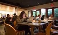 studying at the library/university café on a rainy day