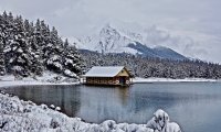 Winter lake cabin