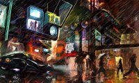 Rainy and crowded cyberpunk friday night