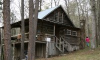 Cabin in wood under gray sky