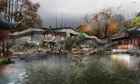 Japanese garden with rain