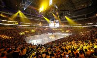 Pro ice hockey ambience inside an arena, with crowd cheerings and goal horn and all that jazz.