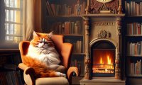 Purring cat by library fireplace