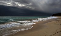 Cat on your lap with rain, waves, and crackling fire