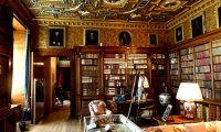 A library ambiance with rain outside