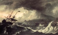 On a ship, at sea, during a storm